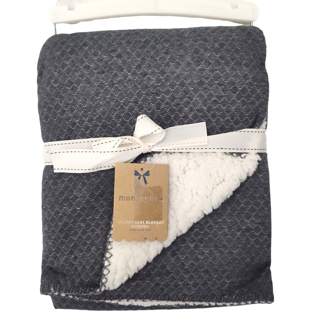 Mon Lapin Dark Gray Baby Blanket White‎ Sherpa Backside 30x40 Lovey NWT